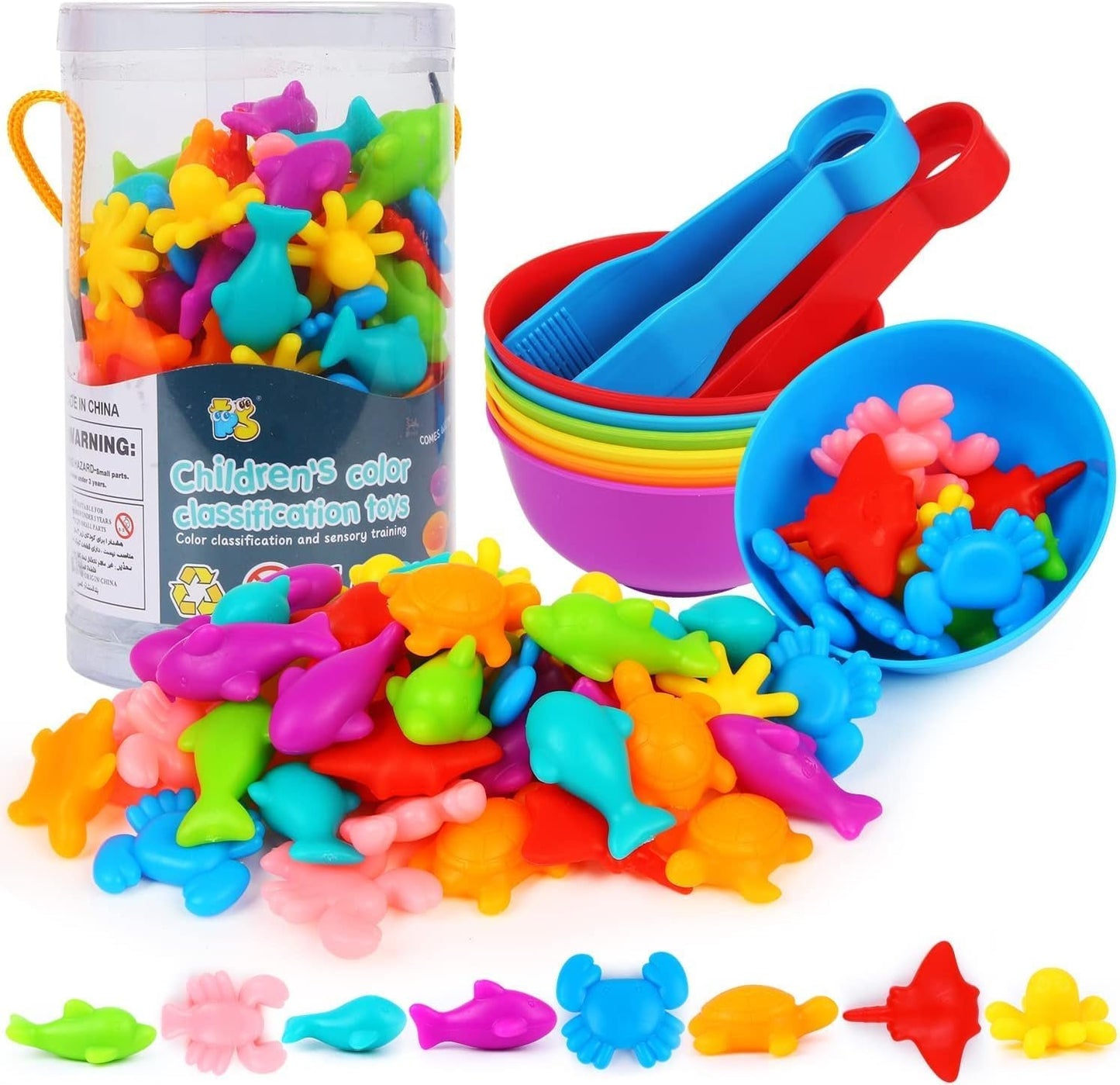 JMANNI Colour Sorting Montessori Toys, Colourful Sea Creatures Counting Educational Toys with Bowls and Tongs, Learning Toys for 3 4 5+ Year Olds Toddlers