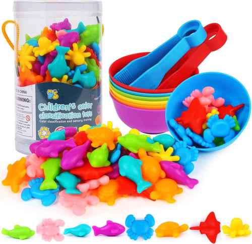 JMANNI Colour Sorting Montessori Toys, Colourful Sea Creatures Counting Educational Toys with Bowls and Tongs, Learning Toys for 3 4 5+ Year Olds Toddlers