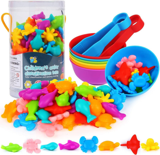 JMANNI Colour Sorting Montessori Toys, Colourful Sea Creatures Counting Educational Toys with Bowls and Tongs, Learning Toys for 3 4 5+ Year Olds Toddlers