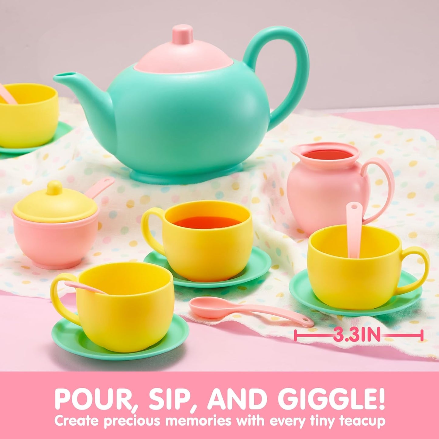 JOYIN 18PCS Pretend Play Tea Party Set for Little Girl, Play Food Toy Accessories, BPA Free, Phthalates Free, Plastic Tea Set, Mini Kitchen for Kids, Toddler Boys Girls Ages 3,4,5,6 Years Old Gifts