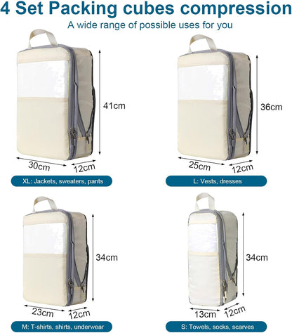Cozary Suitcase Organizer - Packing Cubes Set with Compression and Waterproof Polyester Fabric, Travel Underwear Set for Backpacks or Hand Luggage, Perfect for Travel and Camping - Beige