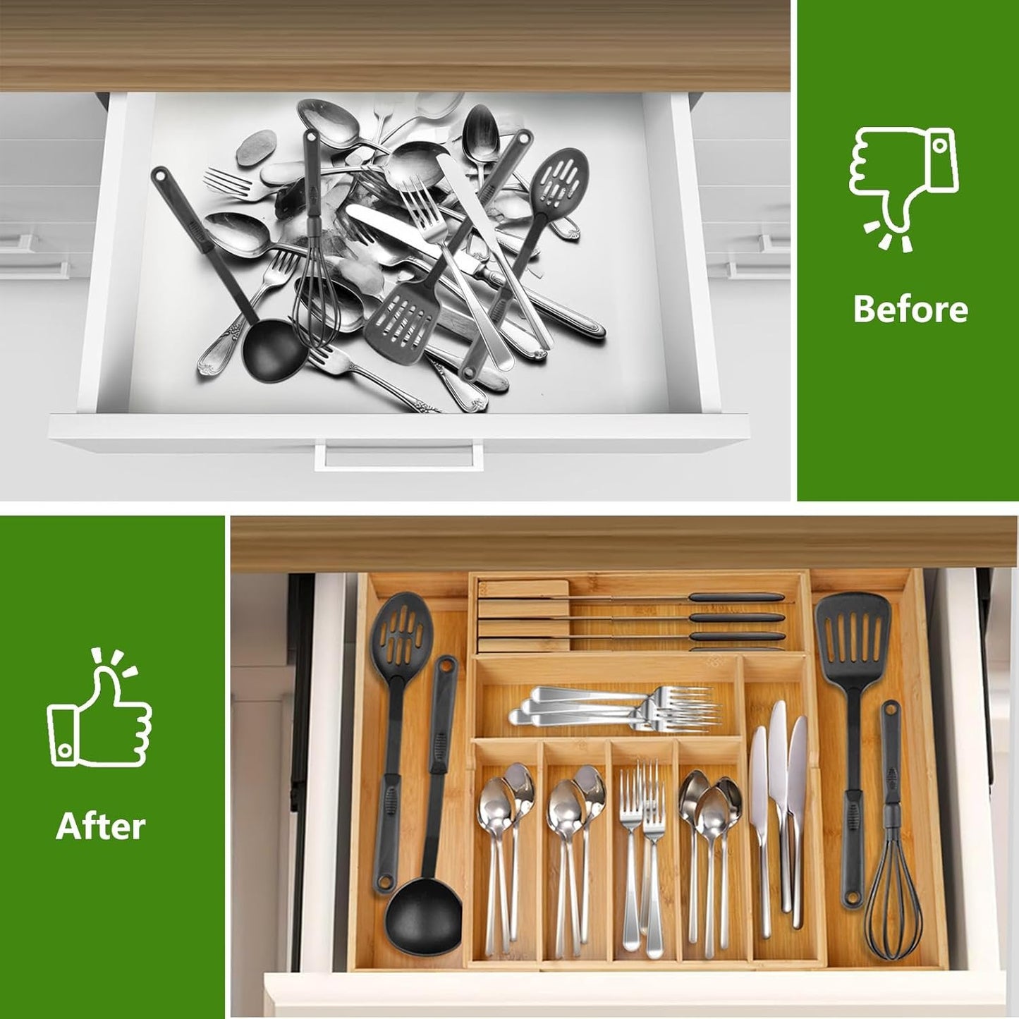 Expandable Cutlery Organizer, 7-9 Slot Bamboo Utensil Drawer Organizer with 2 Removable Knife Blocks, Adjustable Wooden Cutlery Tray Holder Kitchen Drawer Organizer for Silverware, Flatware