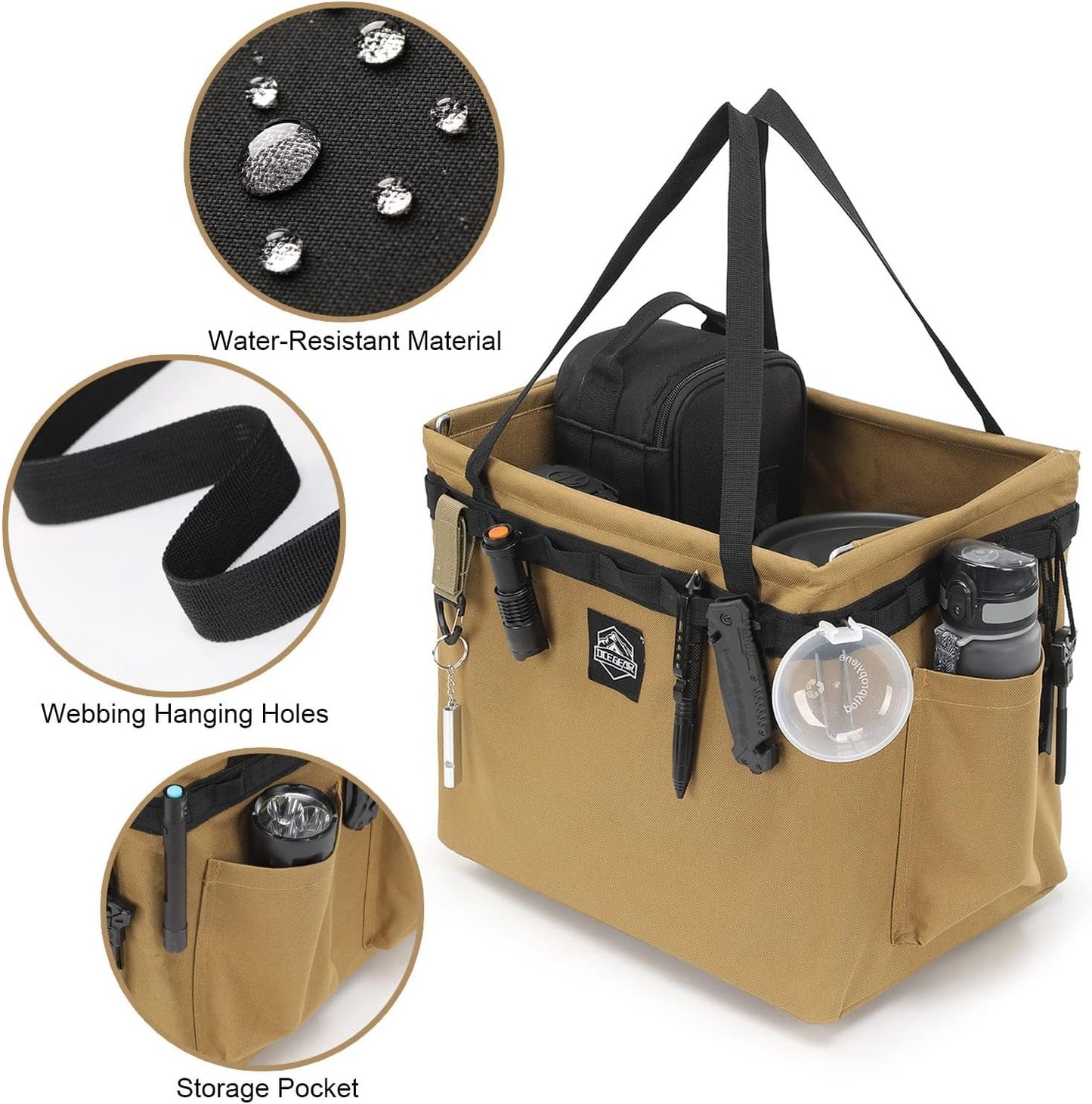 SEPWIK Camping Storage Bag Multifunctional Collapsible Tactical Bag, Car Trunk Organizer for Tool, Cookware Carry Bag, Picnic Basket for Outdoor, Travel, Hiking, Camper, RV (Khaki)