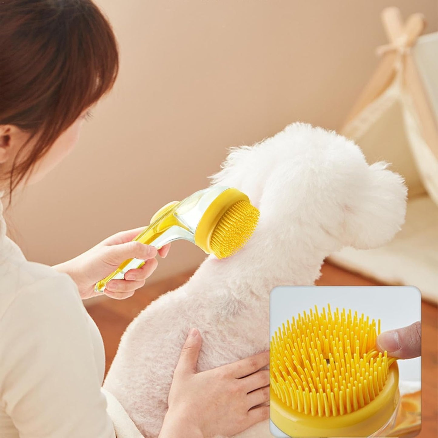 Dog Bath Brush - Soft Silicone Bristles Long Handle Puppy Bath Brush with Soap Dispenser,Multi-function Dog Shampoo Scrubber Pet Grooming Brush for Bathing