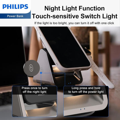 PHILIPS 3 in 1 Wireless Charging Station with Magsafe Qi | iPhone/Samsung | iWatch | Airpod | Multiple Charger Devices Station| Desktop/Portable Foldable Reliable 3X Devices with Ring & Decal (V2.0)