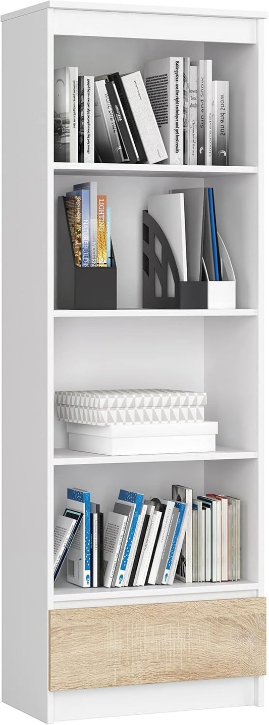 AKORD | Office Bookcase 60 cm | Cabinet with 1 Drawer 4 Shelves | Book Holder | Bedroom Cabinet | Living Room Shelf, Space-Saving | Wit/Sonoma