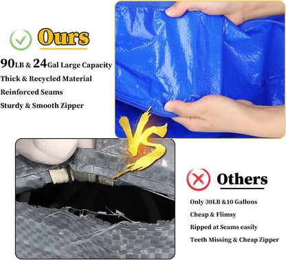 Extra Large Heavy Duty Carry Bags with Backpack Straps, Strong Handles and Zippers, Space Saving Storage Bags, Made of Recycled Material (Blue,Set of 8)