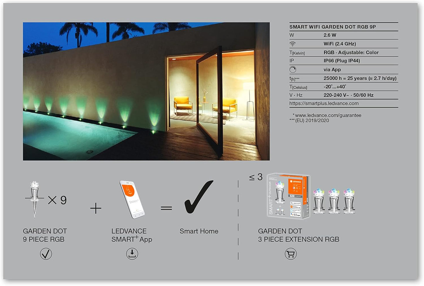 LEDVANCE Smart LED Garden Light with WiFi Technology, Basic Package with 9 LED Points for Outdoor, Changeable RGB Colors, Compatible with Google and Alexa, SMART+ WIFI GARDEN DOT 9P