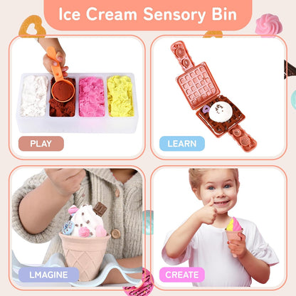 Ice Cream Toys Play Sand for Kids - Sensory Bin, 34pcs Ice Cream Shop Playset Sand Box 2LBS Moon Sand,Fine Motor Skills Activities Kids Sensory Toys for Girls 3 4 5 6 7 8 Year and Up