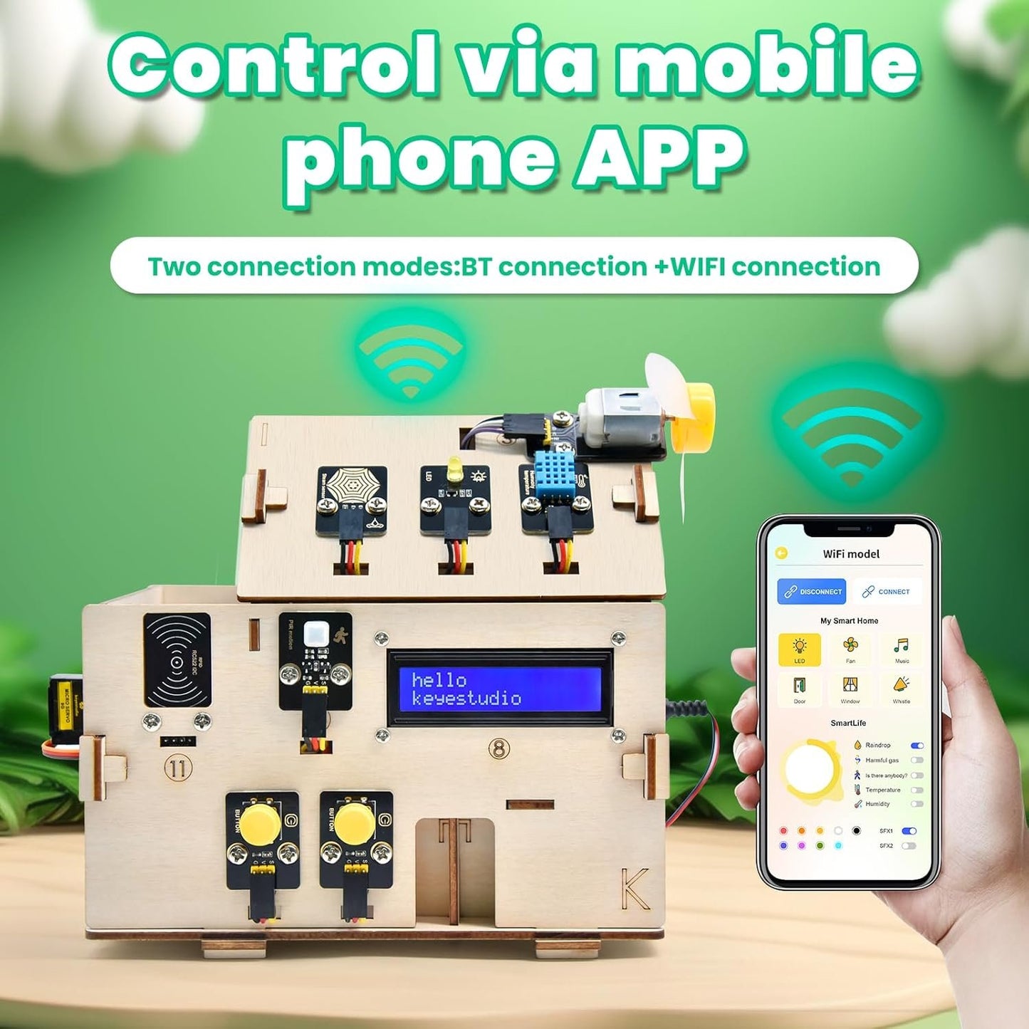 KEYESTUDIO ESP32 Smart Home Starter Kit for Arduino and Python, Electronics Home Automation Coding Kit, Wooden House DIY Sensor Kit STEM Educational Set for Adults Teens 15+