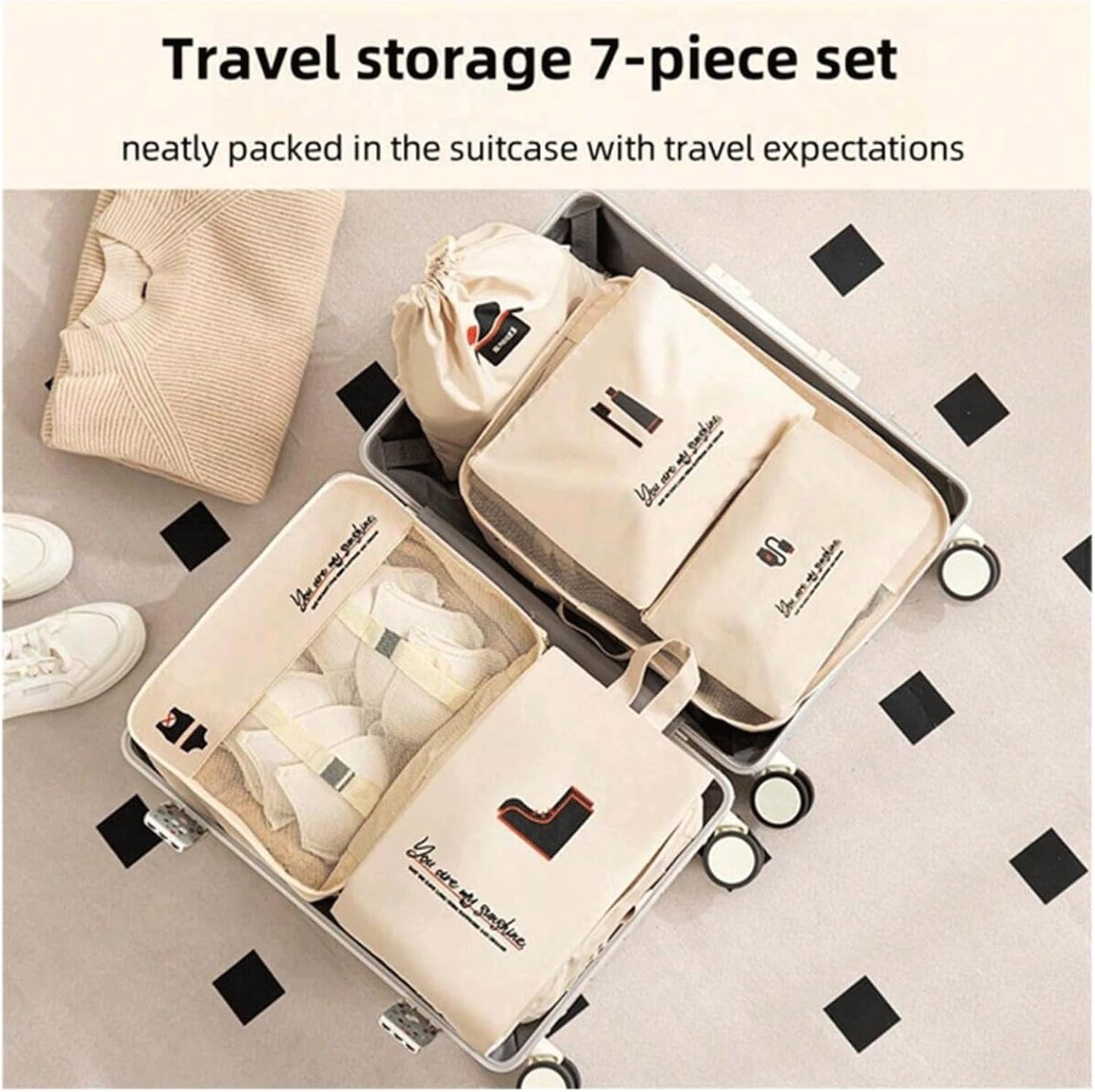 Travel Luggage Organizer Set - 7pcs Packing Cubes, Garment Bags, Shoe Bag, Laundry Bag, Electronics Pouch, Variety Of Sizes(Beige)