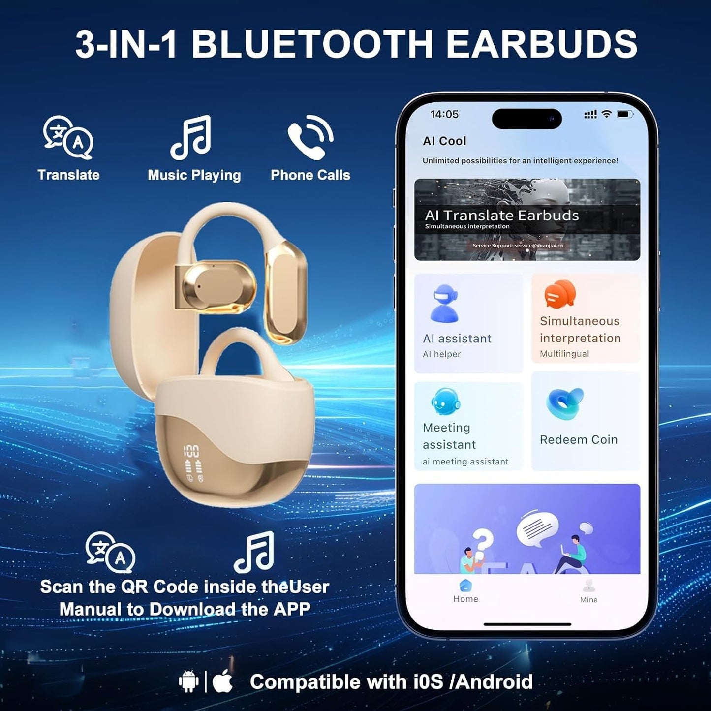 AI Translation Earbuds,144 Languages Real Time Translator,Bluetooth Wireless Instant Translation Headset Device for iOS and Android,Noise Reduction Open Ear Language Translation Headset (Light Yellow)