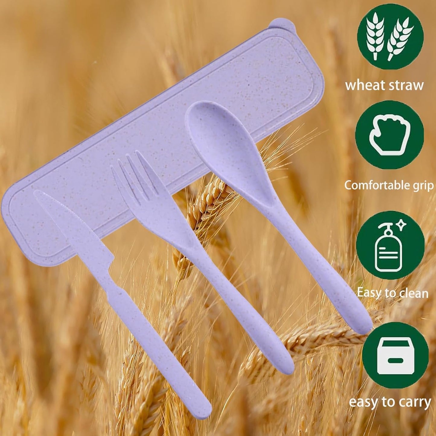 Reusable Utensils Set with Case, Portable Wheat Straw Cutlery Set, BPA-Free and Eco-Friendly Knife Spoon Fork, Travel Utensils for Office, Dorm, and On-The-go (Purple, 1)
