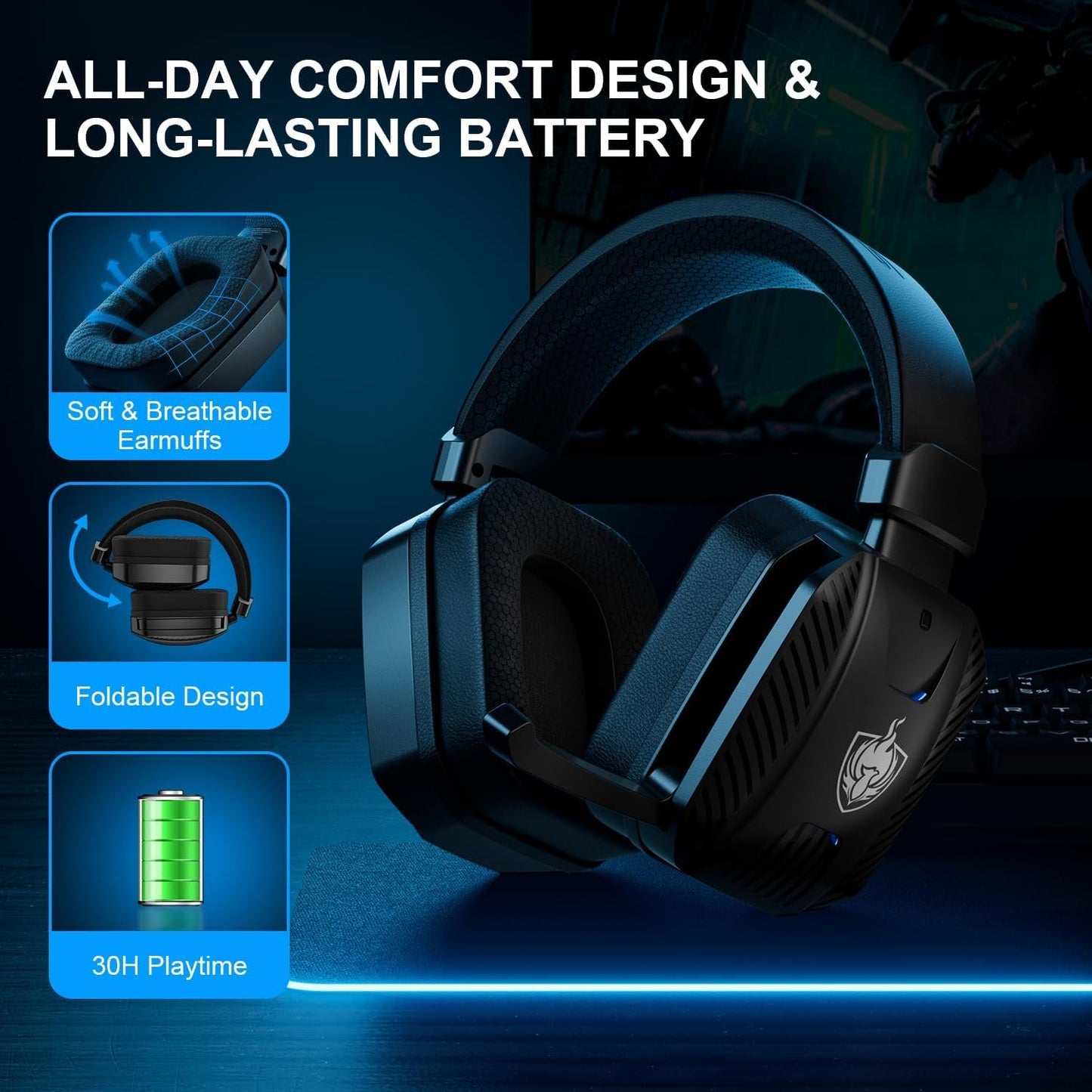 YOTMS 2.4GHz Wireless Gaming Headset for PS5, PS4, PC, Switch, Over Ear Gamer Headphones with Noise Canceling Mic, 7.1 Surround Sound, 30+Hr Battery, Bluetooth 5.3 for Phone/Laptop/Tablet/Mac (Black)