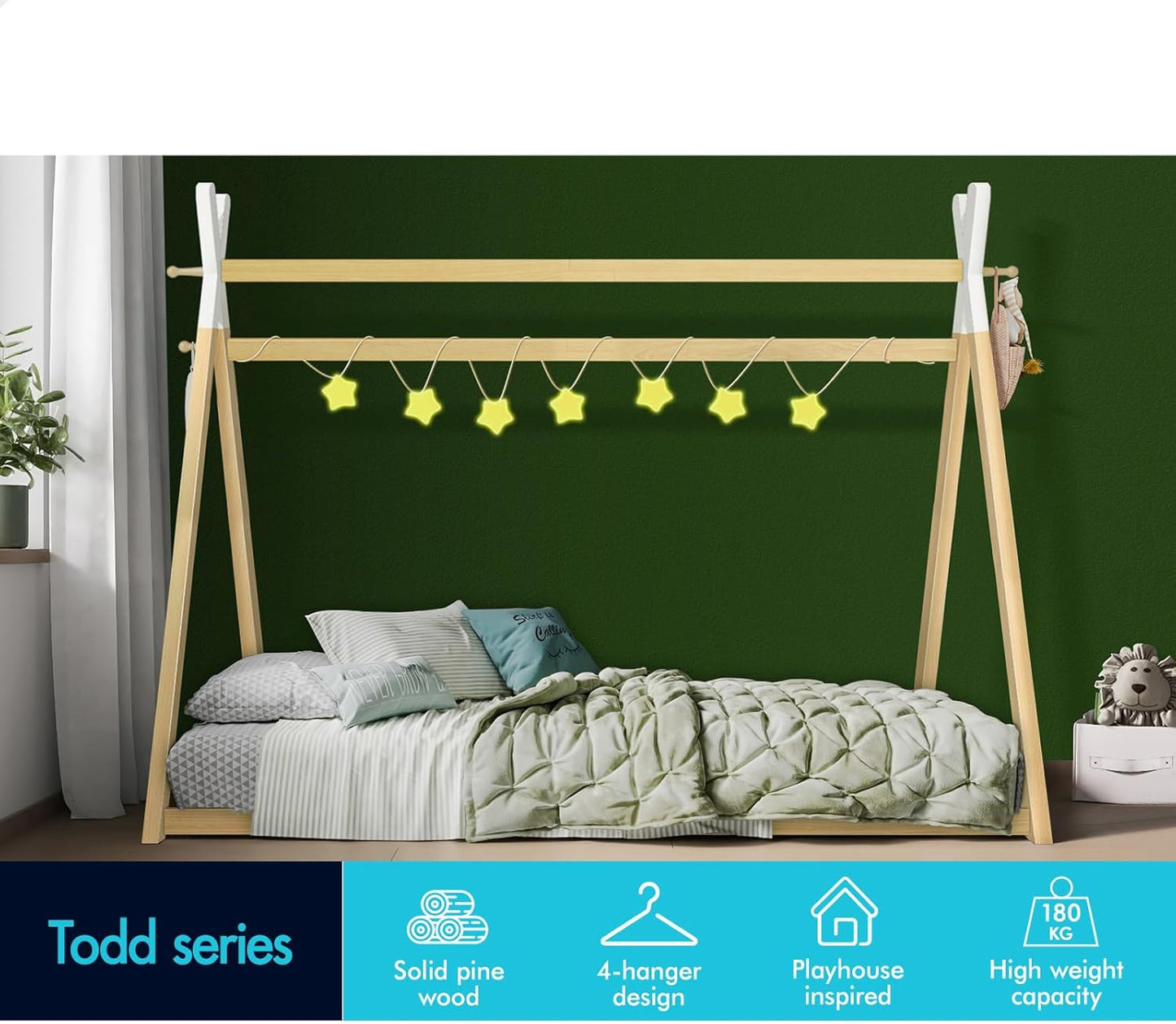 ALFORDSON Wooden Timber House Bed Frame Teepee Single, Solid Wood Bed Base Foundation Children's Mattress Base Platform, Taran Series Bedroom Furniture in Todd Color