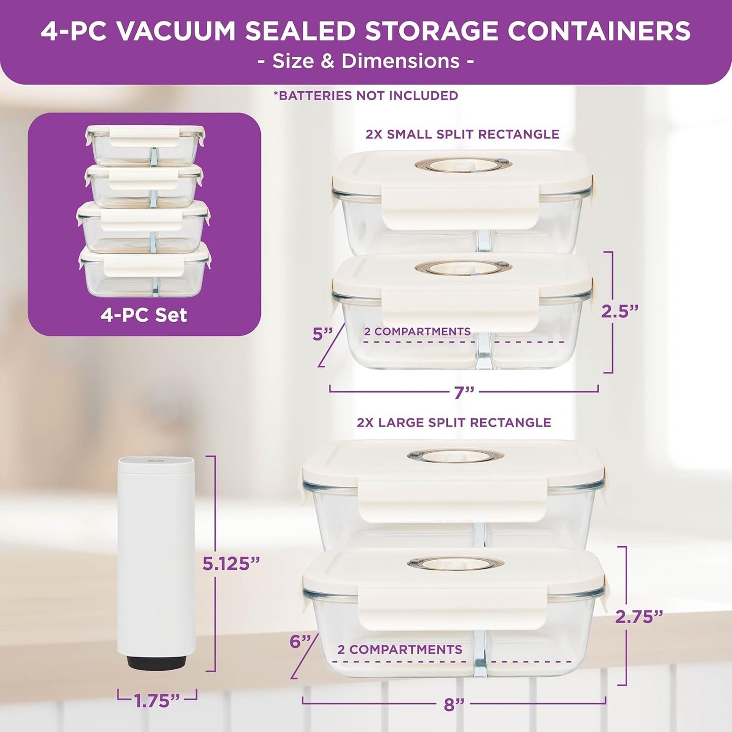 HOLDN’ STORAGE Vacuum Food Storage Containers, Set of 6 Glass Containers plus a Manual Vacuum Pump – Keep Food Fresh Longer, BPA-Free Glass, Leak-Proof. (2 Size Pack: Four Container - Electronic Pump)