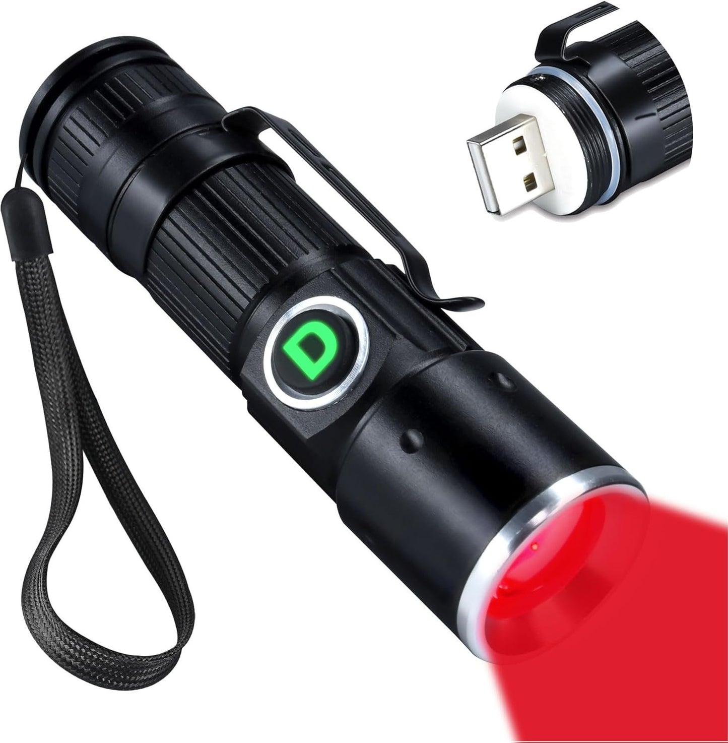 DARKDAWN Red Light Torch, LED Red Light Tactical Hunting Torch with Rechargeable USB, Portable Torch with Pocket Clip, Focus Adjustable, for Hunting Detector Astrophotography