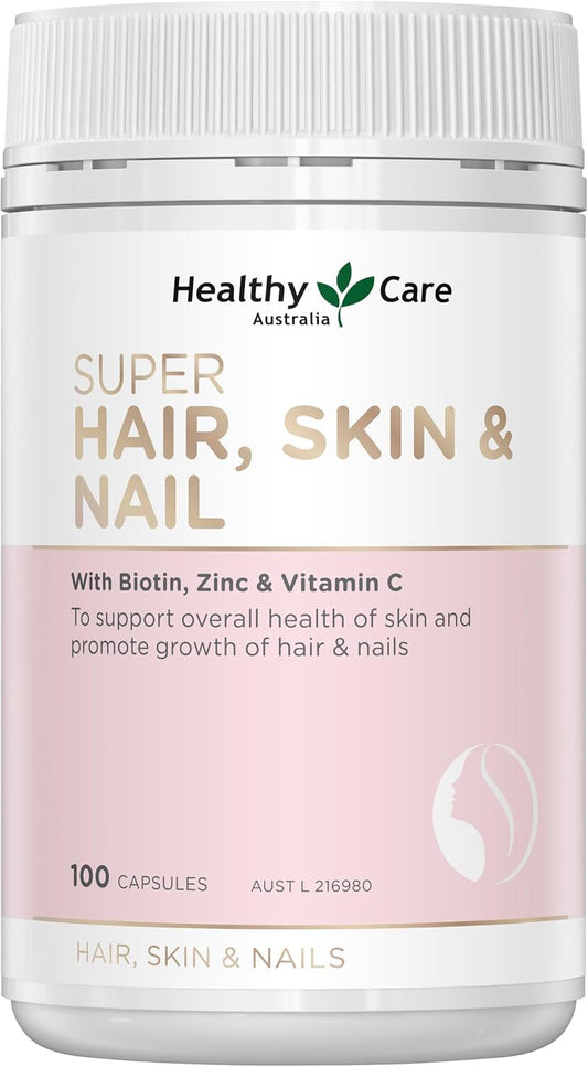 Healthy Care Super Hair, Skin and Nails Capsules - Infused with Biotin, Zinc & Vitamin C - Provides Enhanced Beauty and Promotes Skin Health - Premium Quality Dietary Supplement - 100 Capsules