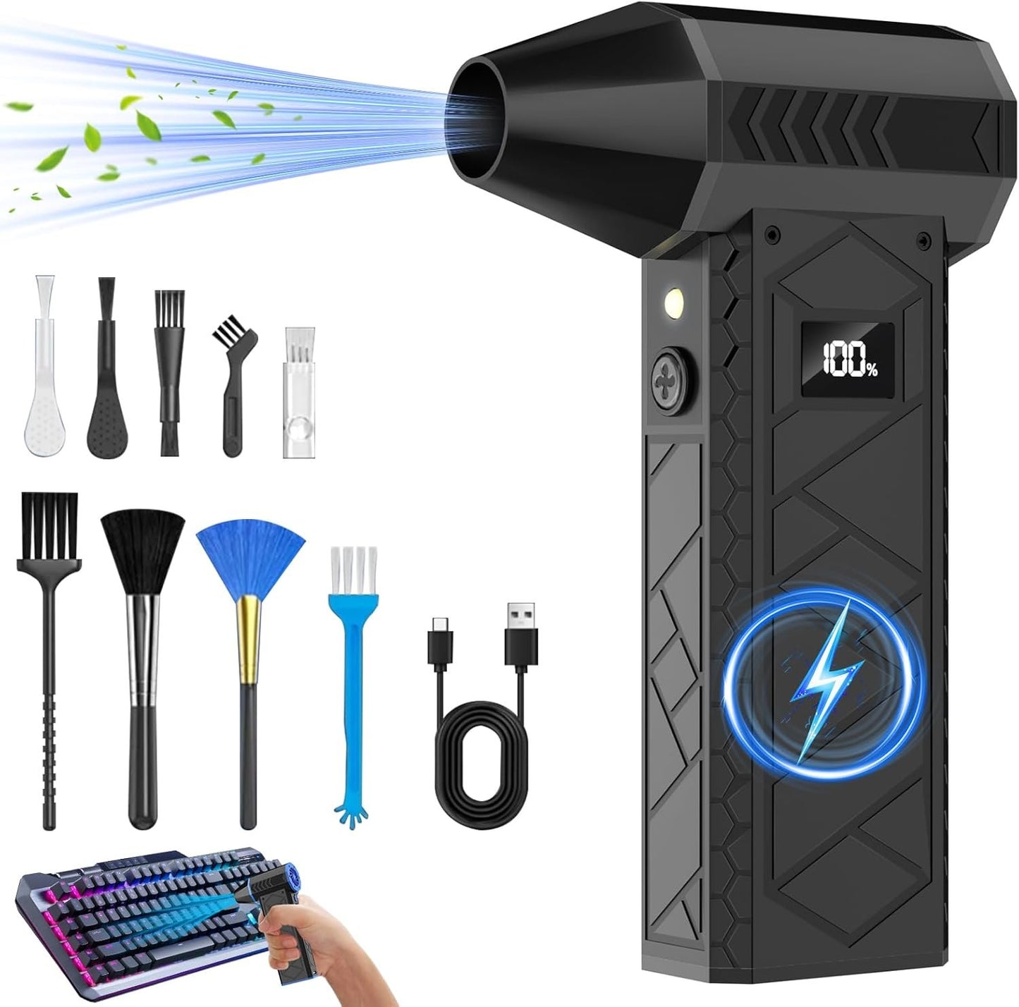 10000mAh Compressed Air Duster with Two LED Light-180000RPM Electric Mini Blower, 4-Gear Adjustable Air Blower Rechargeable Cordless PC Cleaning Kit for Keyboard, Computer, Car, Snow, Home, Black