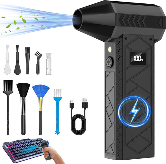 10000mAh Compressed Air Duster with Two LED Light-180000RPM Electric Mini Blower, 4-Gear Adjustable Air Blower Rechargeable Cordless PC Cleaning Kit for Keyboard, Computer, Car, Snow, Home, Black