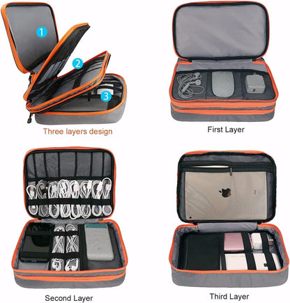 Travel Cable Organizer Bag, 3 Layer X-Large Capacity Electronics Accessories Cord Storage Case Bag for Cables, SD Card,Chargers, Power Bank, Cellphone,Tablet, Grey, X-Large