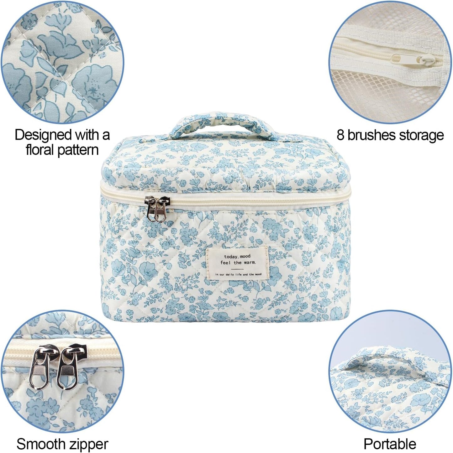 Travel Quilted Cotton Makeup Bag,Large Makeup Bag, H HOME-MART Large Floral Cosmetic Bag for Women Girls, Floral Coquette Aesthetic Toiletry Bag, Flower Travel Toiletry Accessories