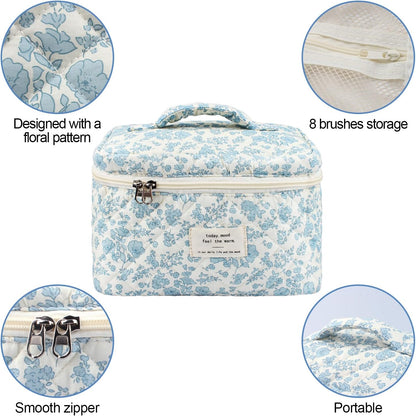 Travel Quilted Cotton Makeup Bag,Large Makeup Bag, H HOME-MART Large Floral Cosmetic Bag for Women Girls, Floral Coquette Aesthetic Toiletry Bag, Flower Travel Toiletry Accessories