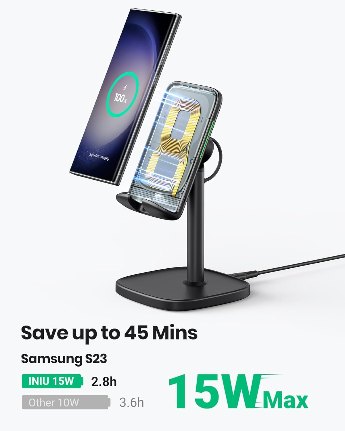 INIU Wireless Charger Stand, 15W Fast Wireless Charging Stand, Adjustable Angle Charger Dock Phone Holder, Wireless Charging Station Compatible with iPhone 16 15 14 13 12 11 Pro/Max Samsung S22 S21