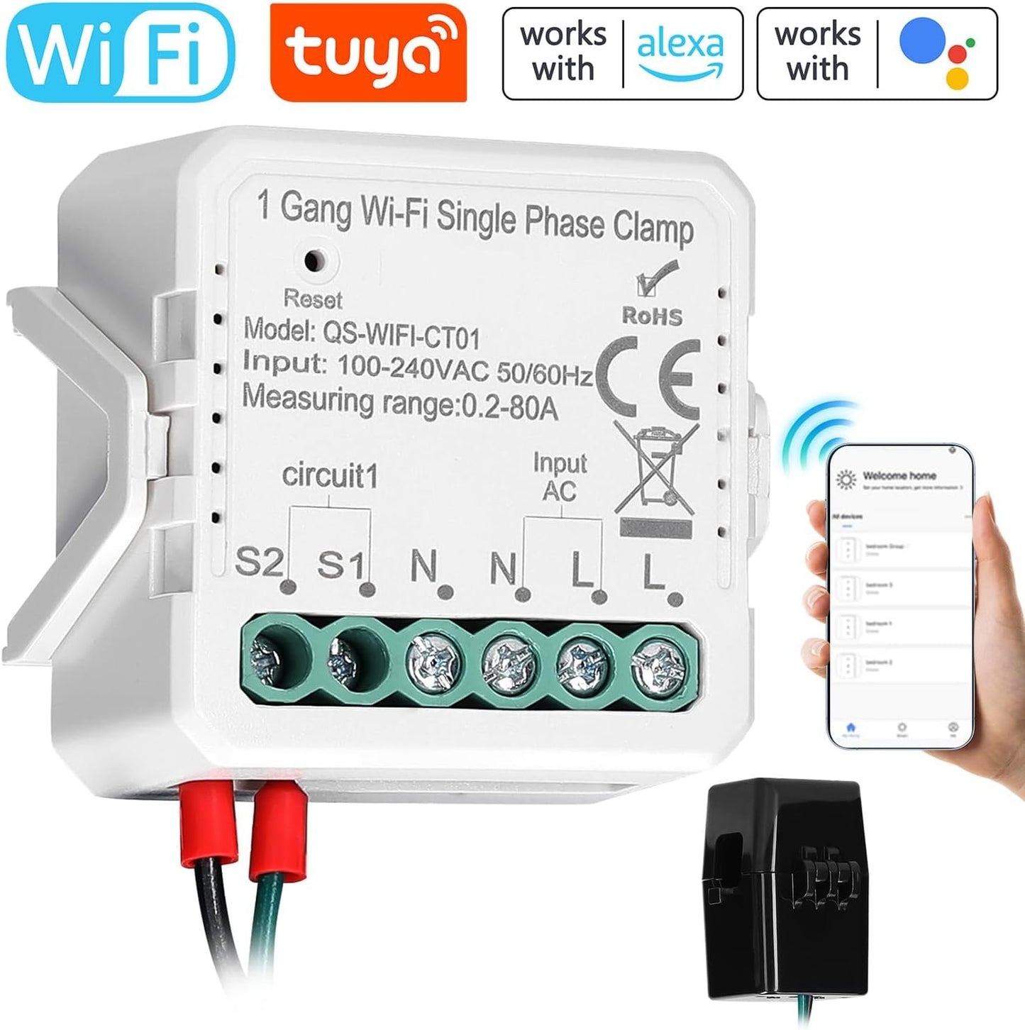 zolyet WiFi 2 Gang 80A Single Phase Clamp Solar PV Bidirectional Two Way Energy Meter Mobilephone APP Control t Transformer Schedule Timer Home Automation Multicolor Wifi 1 Gang Single Phase Clamp