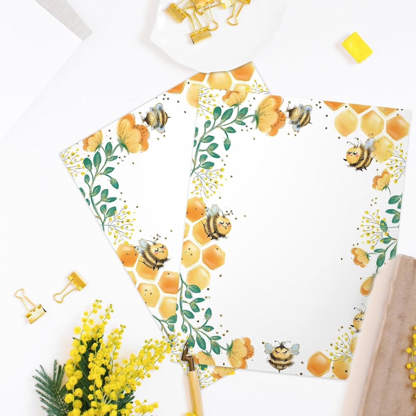 Whaline 60 Sheets Bee Stationery Letterhead Paper 8.5 x 11 Inch Double-Sided Printing Border Paper Bee Honeycomb Letter Writing Paper for Baby Shower Birthday Invitation Office Printing
