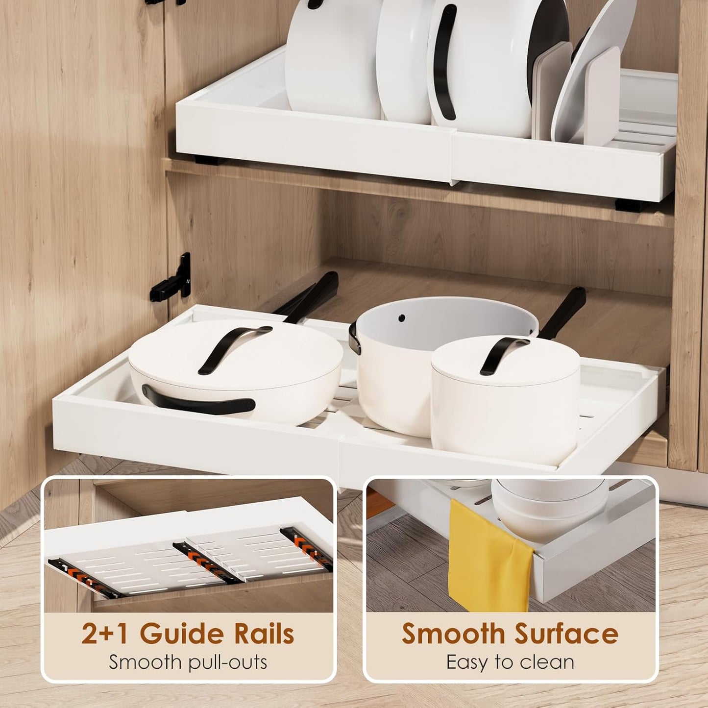 1 Pack Expandable Pull Out Cabinet Organizer 21" Deep, Adjustable Width 12.6"-20.5", No Drill Adhesive with Triple Track Rails, Heavy Duty Slide Out Drawers for Kitchen, Pantry, Cabinets,White