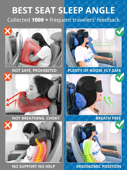 SARISUN Airplane Pillow, Upgrade Travel Pillow for Airplane with Eye Mask, Noise Reducing, 360° Support Stop Bobble, Neck Pillows for Sleeping Travel, Long Flight Travel Essentials, Black