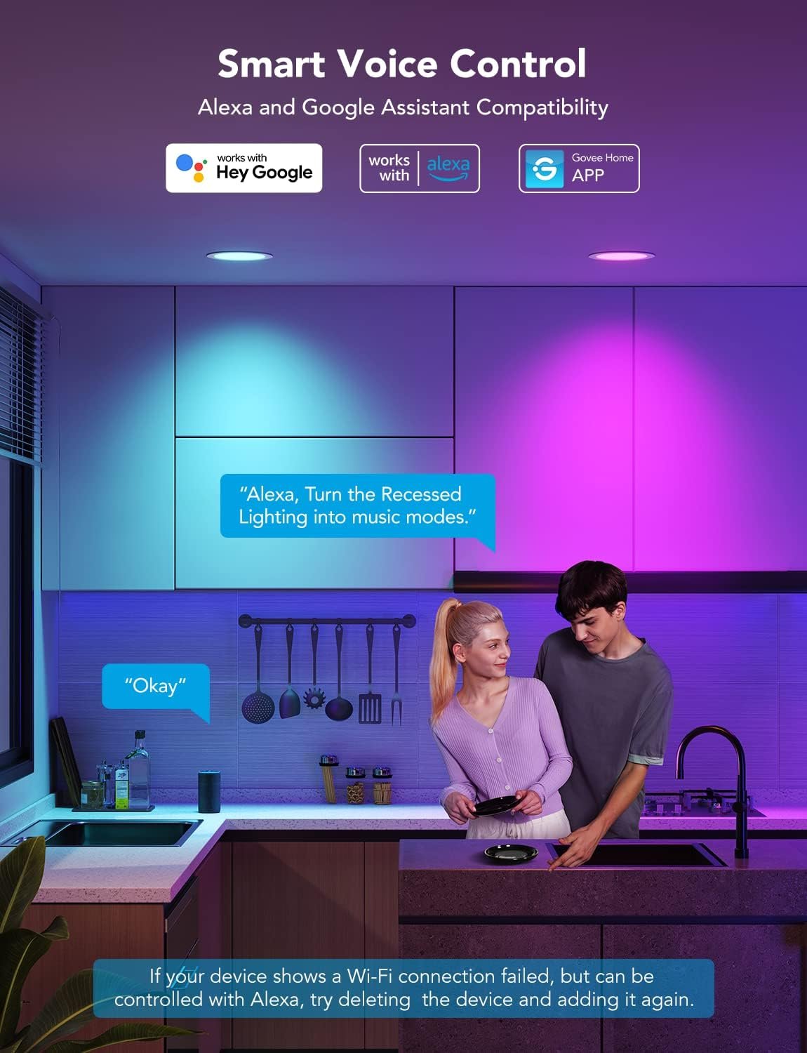 Govee Smart Recessed Lighting 6 Inch, Wi-Fi Bluetooth Direct Connect RGBWW LED Downlight, 65 Scene Mode, Canless Recessed Light Work with Alexa & Google Assistant with Junction Box, 1100 Lumen, 4 Pack