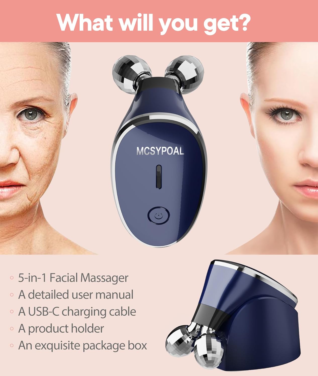 MCSYPOAL Microcurrent-Facial-Device, 5-in-1 Microcurrent Multifunctional Facial Massager, Face Roller Face Massager for Skin Care, Royal Blue