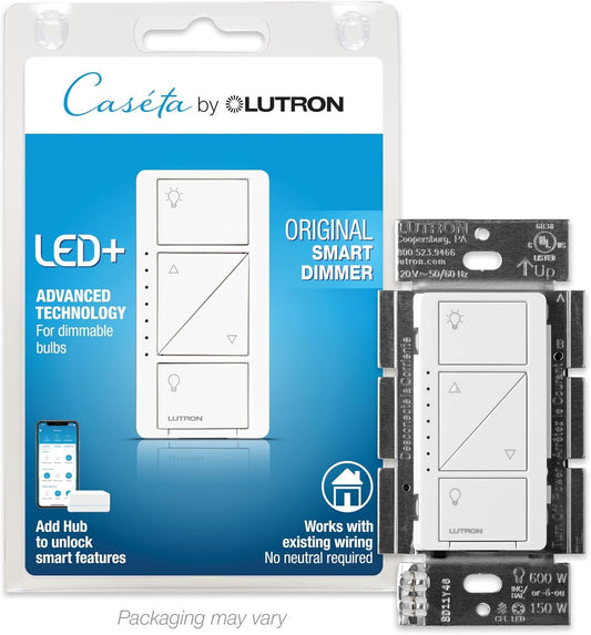 Lutron PD-6WCL-WH Caseta Wireless 600/150-Watt Single Pole In-Wall Dimmer, White