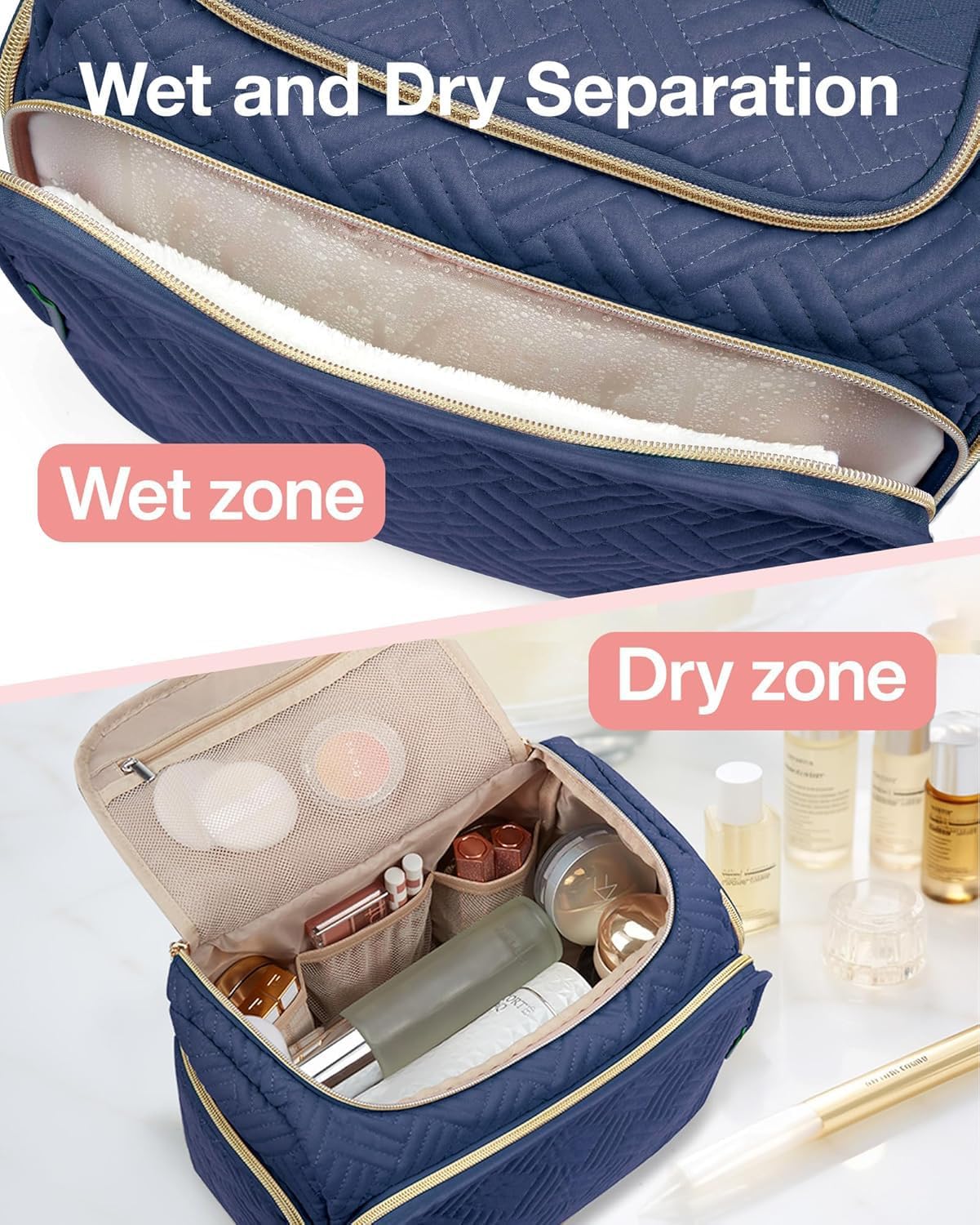 bagsmart Travel Toiletry Bag for Women, Cosmetic Bag Makeup Bag Organizer with Handle, Travel Bag for Toiletries, Travel Accessories, Full Sized Container, Navy, Large, Fashion