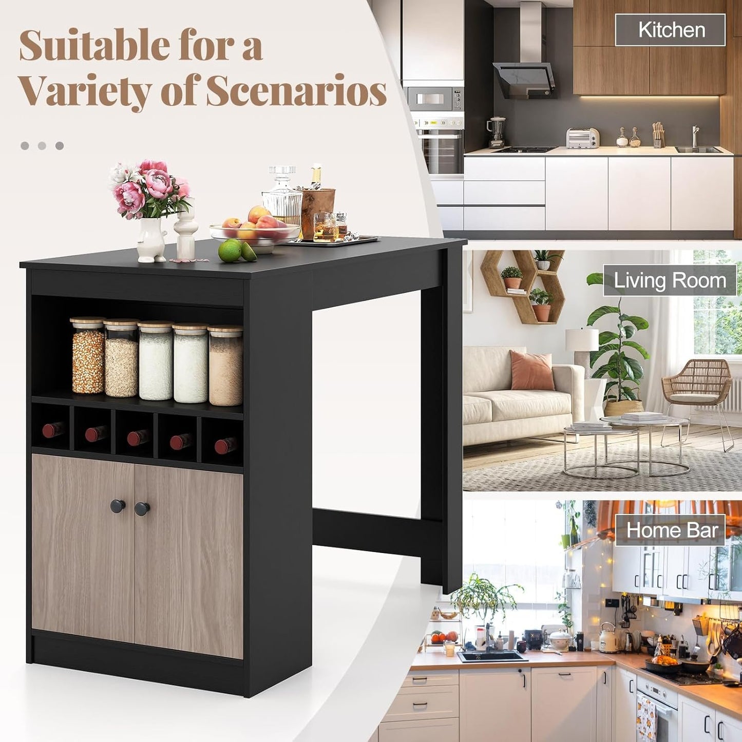 COSTWAY 48" Bar Table with Storage Cabinet & Wine Rack, Home Dining Table, Multifunctional Bistro Table w/Wine Rack, Kitchen Breakfast Table, Ideal for Coffee Shop, Pub, Living Room