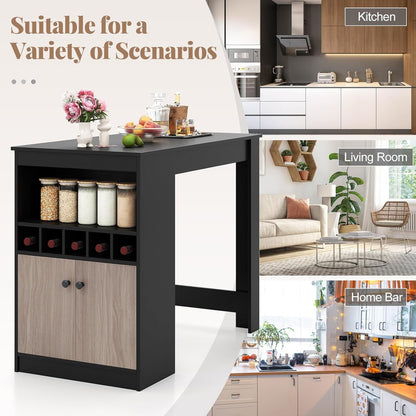 COSTWAY 48" Bar Table with Storage Cabinet & Wine Rack, Home Dining Table, Multifunctional Bistro Table w/Wine Rack, Kitchen Breakfast Table, Ideal for Coffee Shop, Pub, Living Room