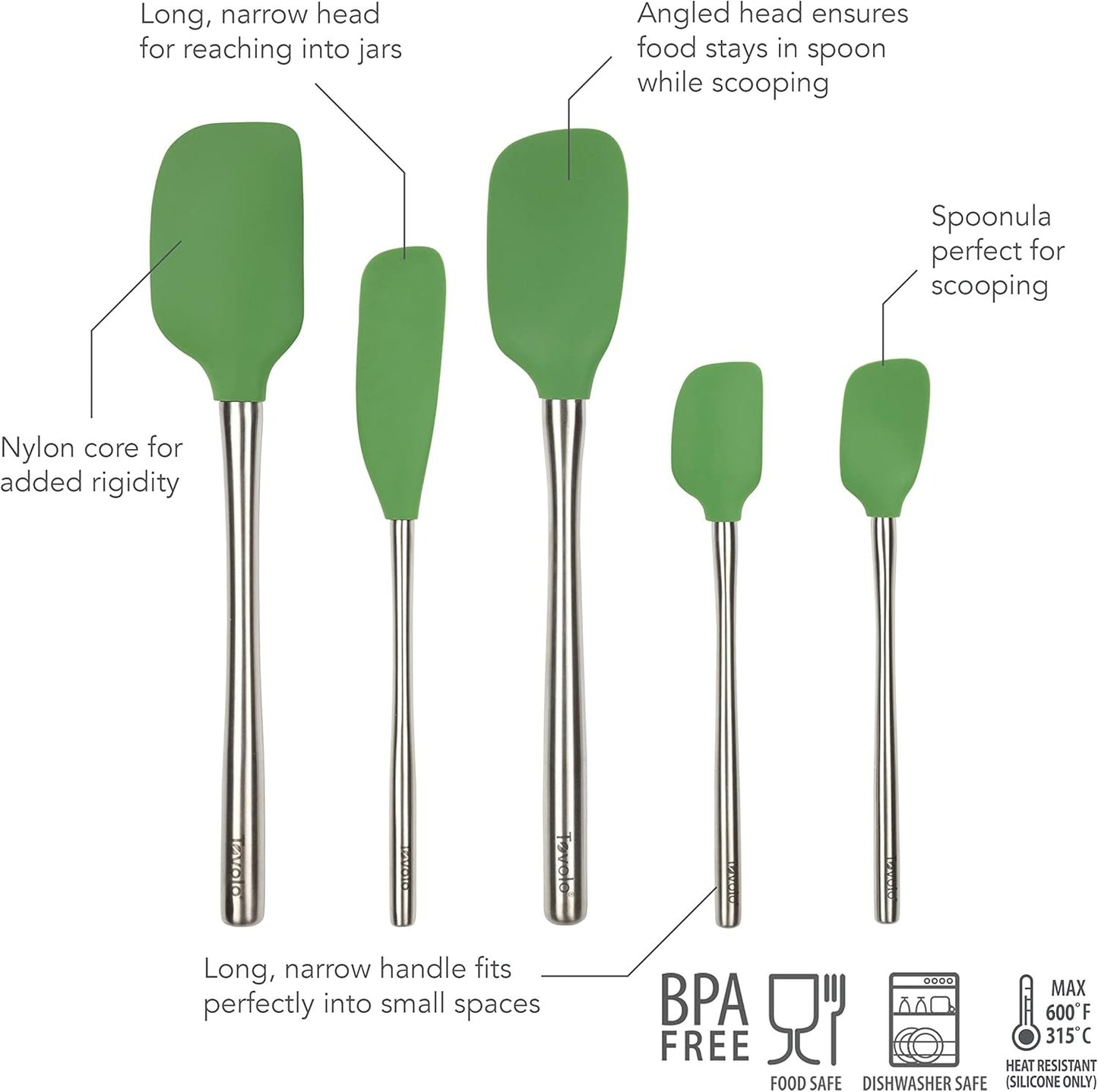 Tovolo Flex-Core Stainless Steel Handled Spatula Set of 5 for Meal Prep, Cooking, Baking, and More - Pesto