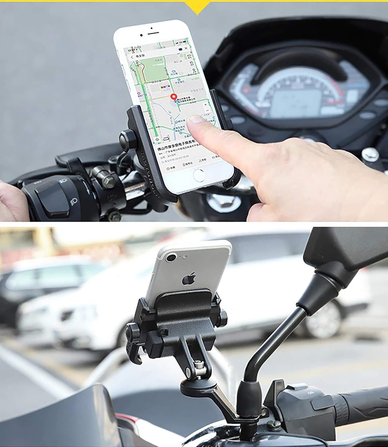 KASER Universal Smartphone Holder Motorcycle Rearview Mirror in Aluminium for Motorcycle, Scooter, Mobile Phone GPS Navigation (Silver Mirror)