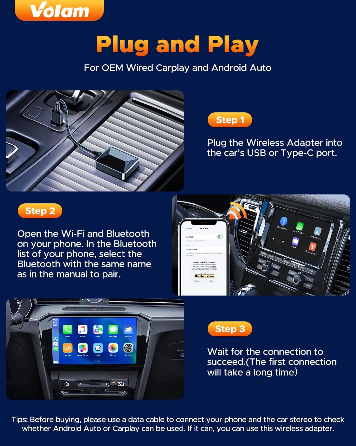 Volam Carplay Wireless Adapter, 2 in 1 A-pple Carplay Android Car Wireless Dongle with Plug and Play, High Speed 5.8 GHz, Low Latency, Compatible with Cars from 2016 Onwards, IOS 10+, Android 11+