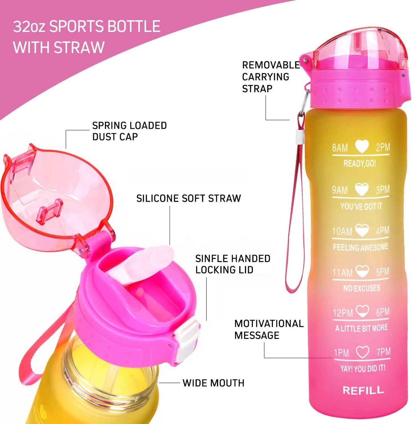 32oz Leakproof Water Bottle with Time Marker & Straw lid to Ensure You Drink Enough Water Throughout The Day for Fitness and Outdoor Enthusiasts, BPA Free, with Straw Brush (Yellow Pink)