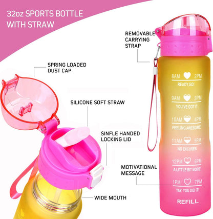 32oz Leakproof Water Bottle with Time Marker & Straw lid to Ensure You Drink Enough Water Throughout The Day for Fitness and Outdoor Enthusiasts, BPA Free, with Straw Brush (Yellow Pink)