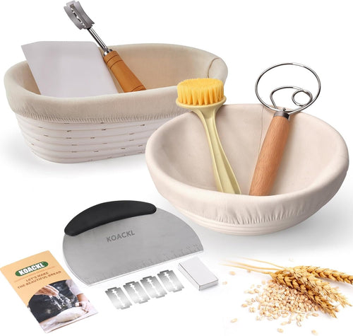KOACKL Sourdough Bread Starter Kit, 9 Inch Round and 10 Inch Oval Banneton Proofing Bread Baskets, Sourdough Proofing Basket with Sourdough Tools, Perfect for Professional Bakers Home Enthusiasts