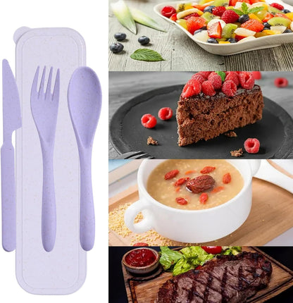 Reusable Utensils Set with Case, Portable Wheat Straw Cutlery Set, BPA-Free and Eco-Friendly Knife Spoon Fork, Travel Utensils for Office, Dorm, and On-The-go (Purple, 1)