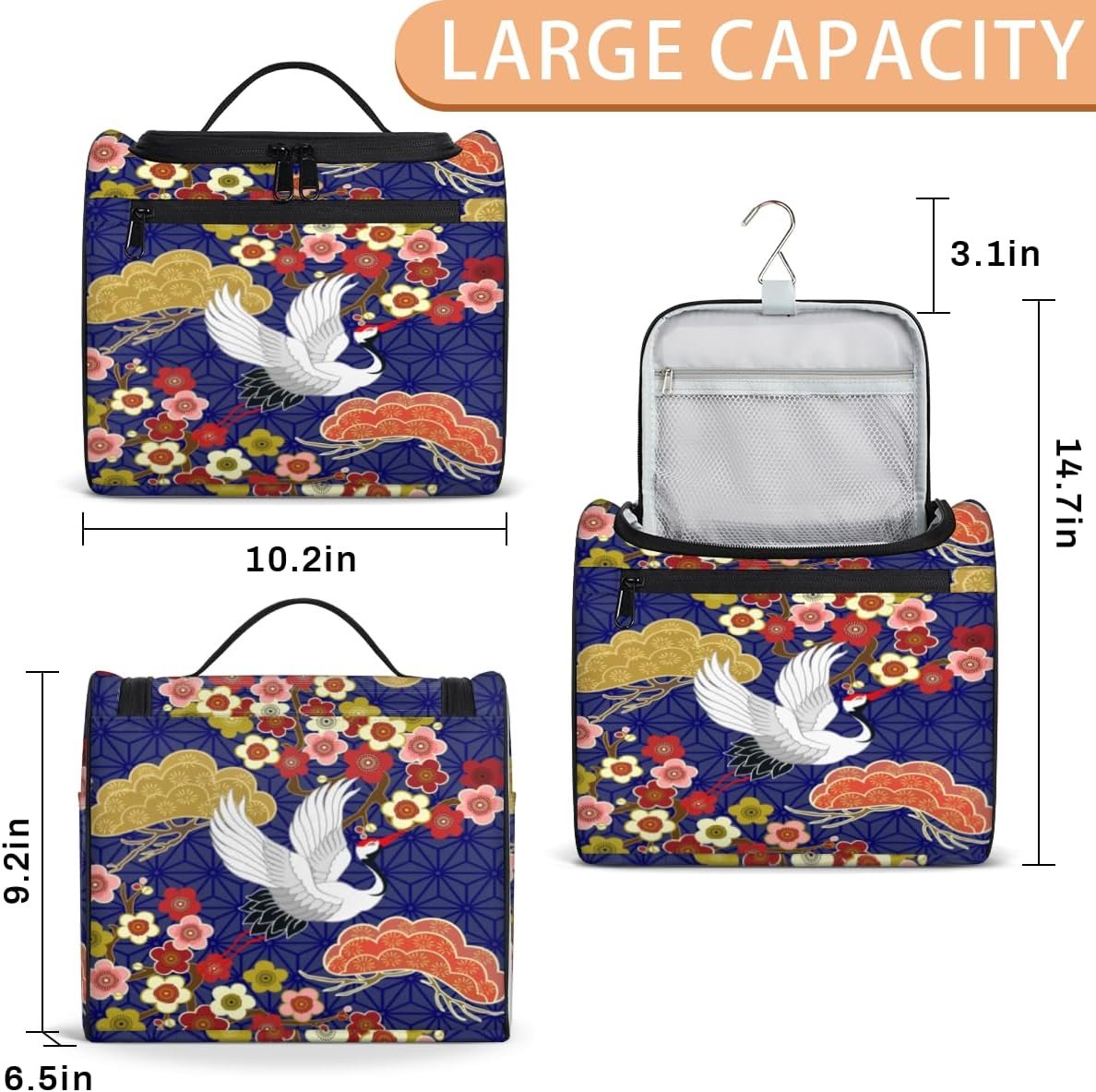 Crane Heron Japanese Pattern Travel Toiletry Bag for Men and Women Large Hanging Toiletry Organizer Waterproof Hygiene Bag with Metal Hook, Crane Heron Japanese Pattern, 10.2 x 6.5 x 9.2 inches