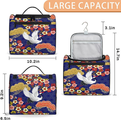 Crane Heron Japanese Pattern Travel Toiletry Bag for Men and Women Large Hanging Toiletry Organizer Waterproof Hygiene Bag with Metal Hook, Crane Heron Japanese Pattern, 10.2 x 6.5 x 9.2 inches