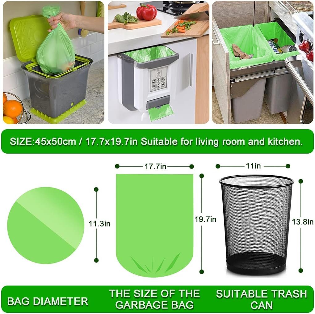 Biodegradable Trash Bags 100 Counts 2.6 Gallon Garbage Bags Small Strong Eco-Friendly Wastebasket Liners for Bathroom Kitchen Office-Green