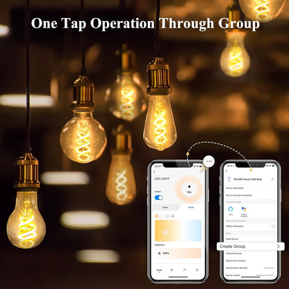 DiCUNO Smart Bulbs, E27 LED Edison Bulbs ST64, Dimmable WiFi Light, Compatible with Alexa or Google Assistant, 5W (50W Equivalent), 450LM, 100-240V, 2700K-6500K, No Hub Required