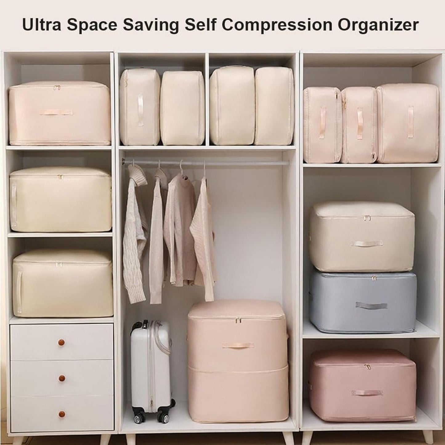 Ultra Space Saving Self Compression Organizer, Self Compression Bag, Self Compression Packing Cubes, Expandable Packing Organizers, Heavy Duty Moving Bags, Storage Tote for Space Saving (Beige, XL)